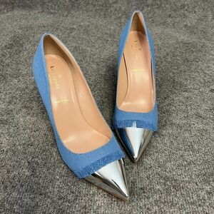 Kate Spade New York Womens Heels Luciana Cap-Toe Pumps Washed Denim Silver 9.5 M